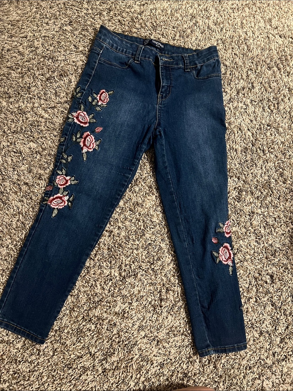 Arizona Jean Company Dark Blue Skinny Jeans with Pink Rose Embroidery